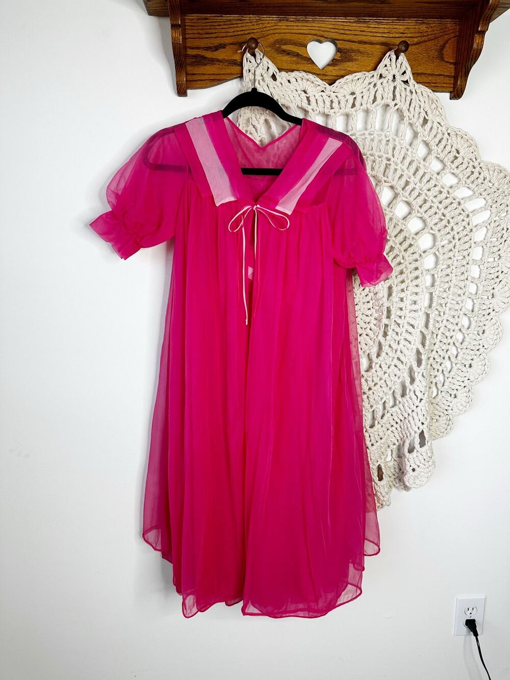 Vintage 50s 60s Bright Pink Sheer Chiffon Peignoir Nightie And Robe Set Small